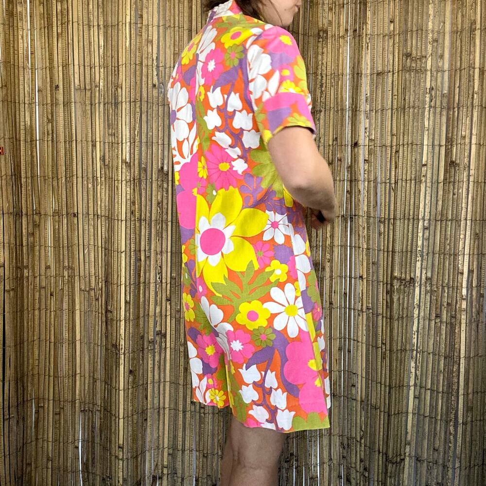 Vintage 1960s Lady Wrangler Floral Canvas Romper Jumpsuit Mod Pink Yellow - Picture 9 of 13